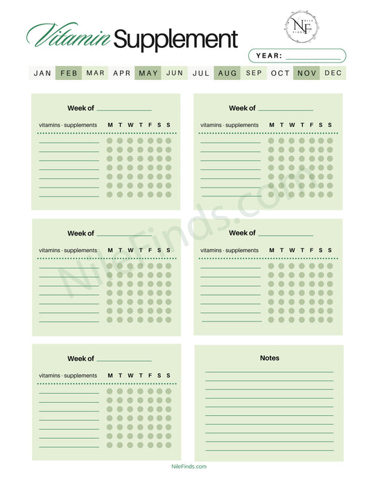 Vitamin Supplements Tracker PDF Printable for Daily Intake and Health Monitoring