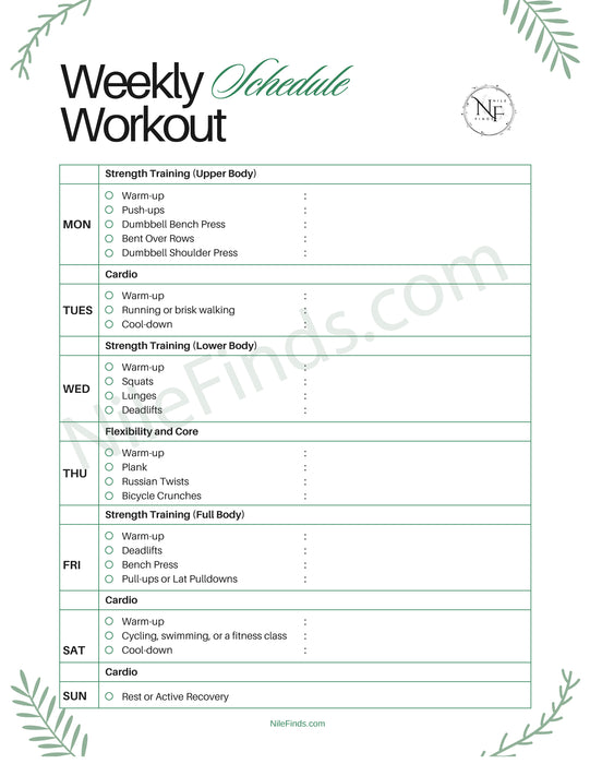 Weekly Workout Schedule PDF Printable for Fitness and Exercise Planning
