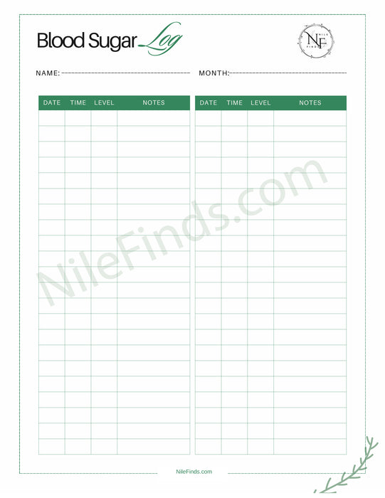 Blood Sugar Log PDF - Daily Glucose Tracker for Diabetes Management & Health Monitoring