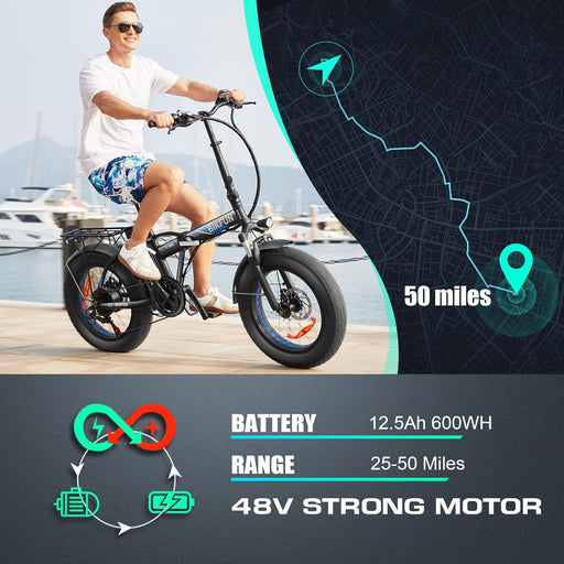 Speedrid 20" 4.0 Fat Tire Electric Bikes for Adults, 20 Inch 48V 500 Watt Folding Electric Bicycles Ebike 12.5Ah 600Wh Battery LCD Display, Electric Dirt Bike Beach Cuiser Snow Bike (Black)