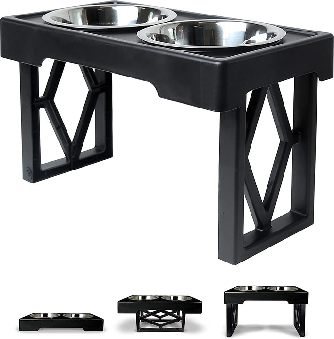 Elevated Dog Bowls Designer Diner 3 Height Adjustable Raised Dog Bowl Stand with 2 Stainless Steel Dog Bowls (7 Cup Capacity Each)