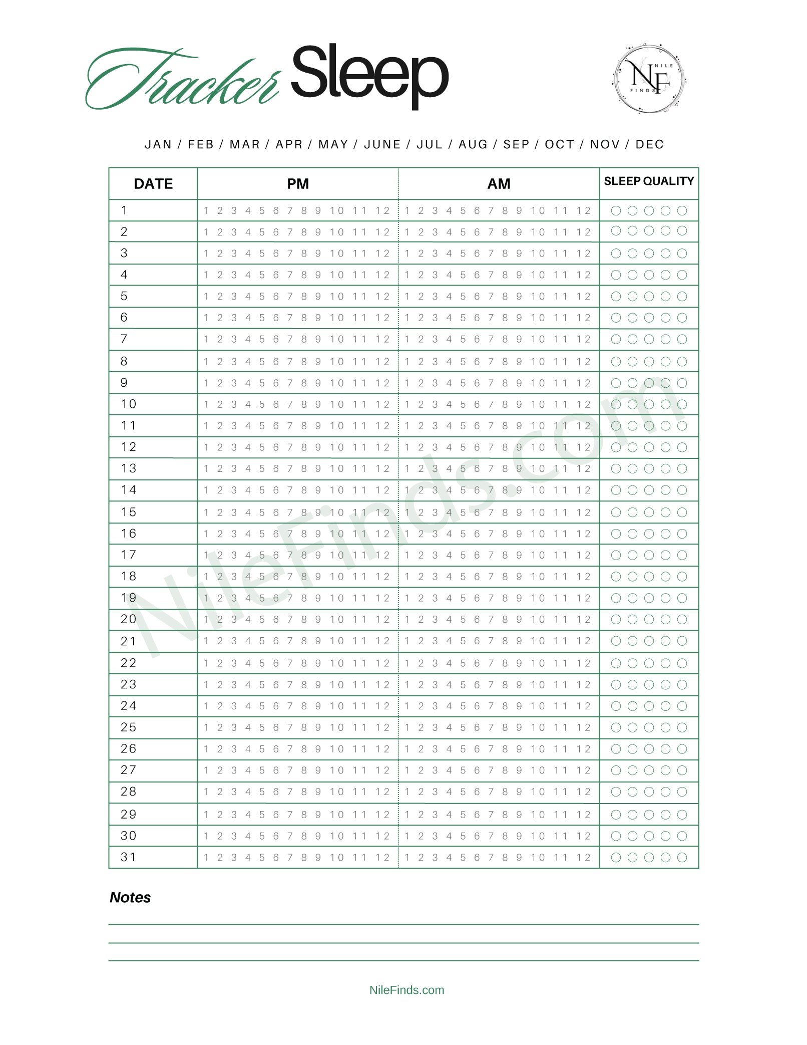 Sleep Tracker PDF Printable for Monitoring Sleep Patterns and Improving Rest