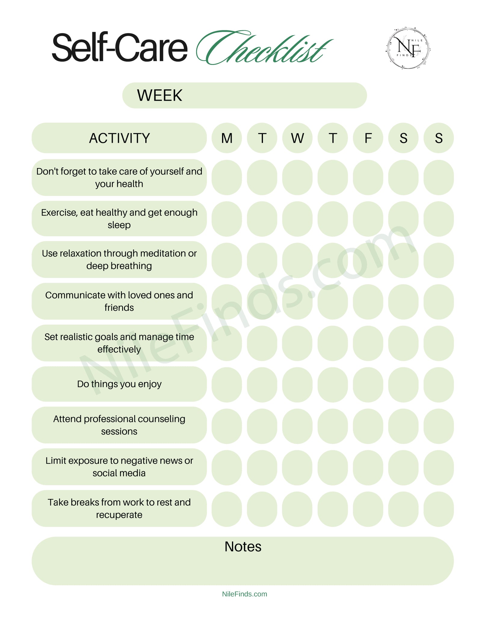 Self-Care Checklist PDF for Mental Health and Wellness Routine