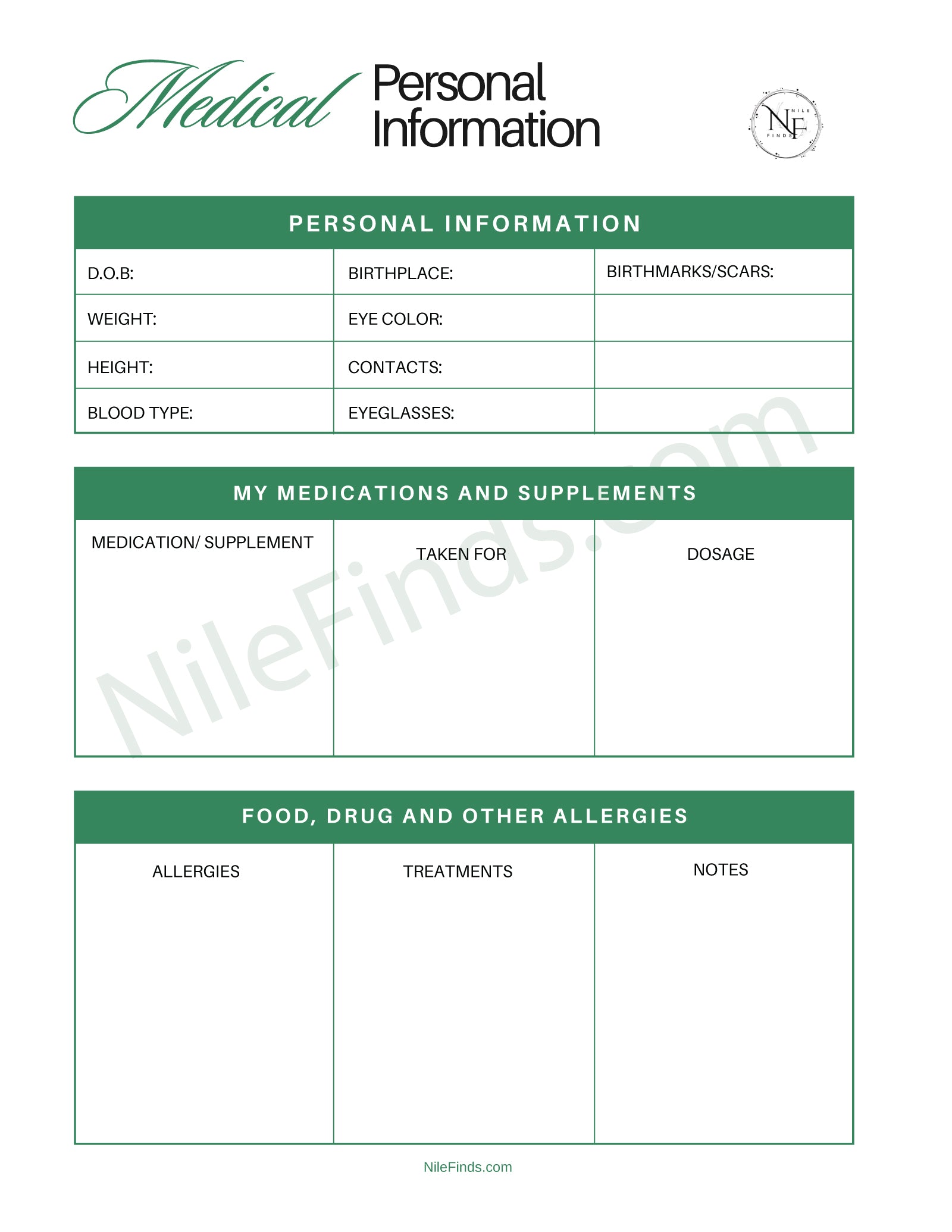 Medical Personal Information Organizer PDF Printable for Health Records and Emergency Details