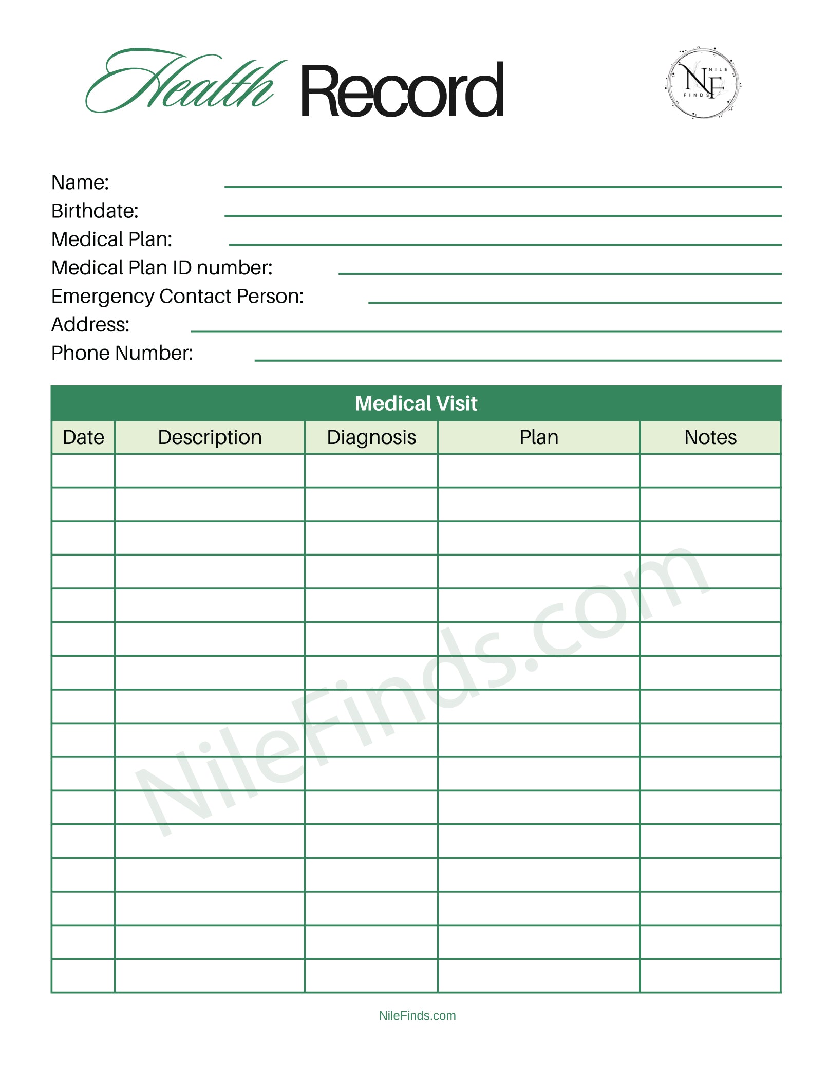 Health Record PDF Printable for Tracking Medical History and Wellness