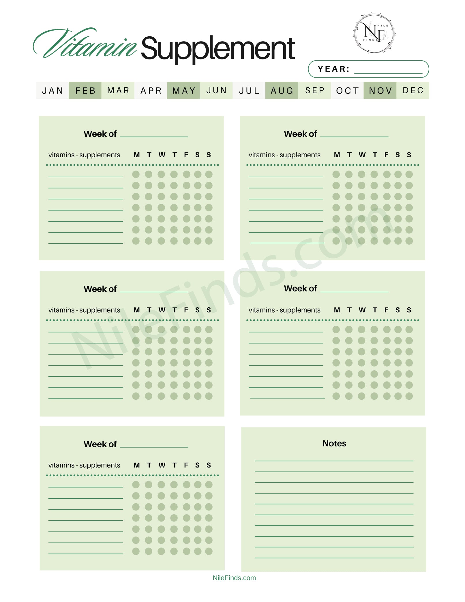 Vitamin Supplements Tracker PDF Printable for Daily Intake and Health Monitoring