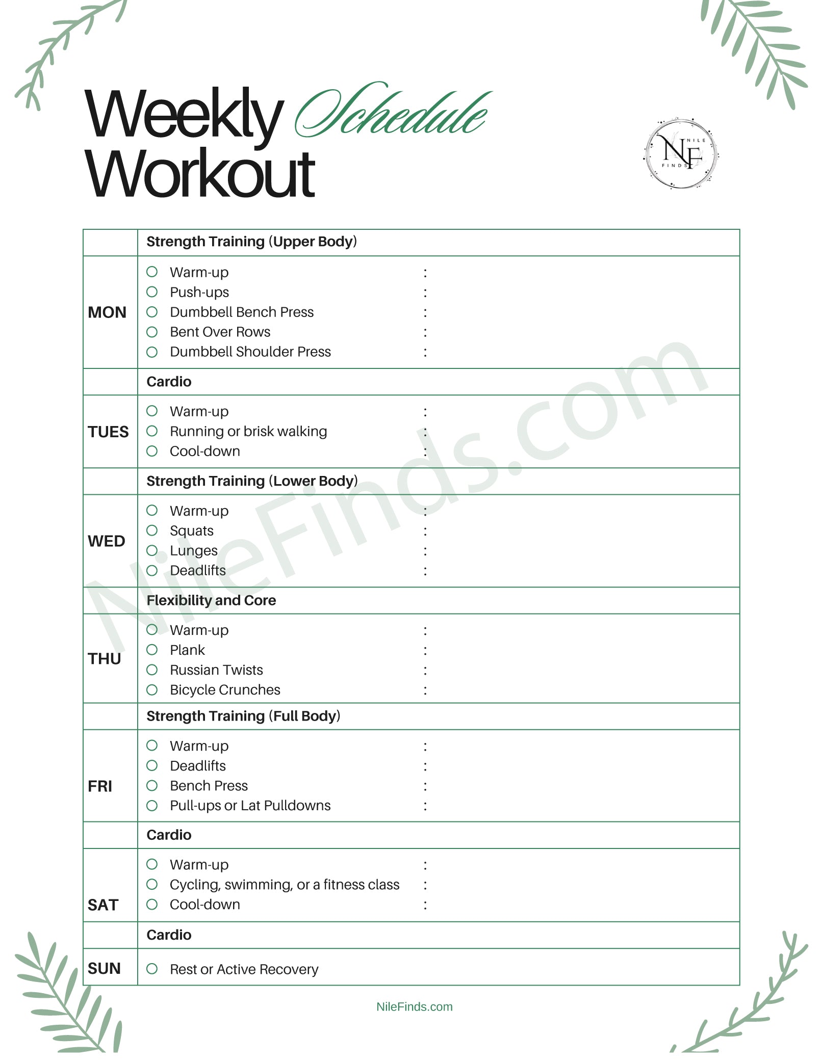 Weekly Workout Schedule PDF Printable for Fitness and Exercise Planning