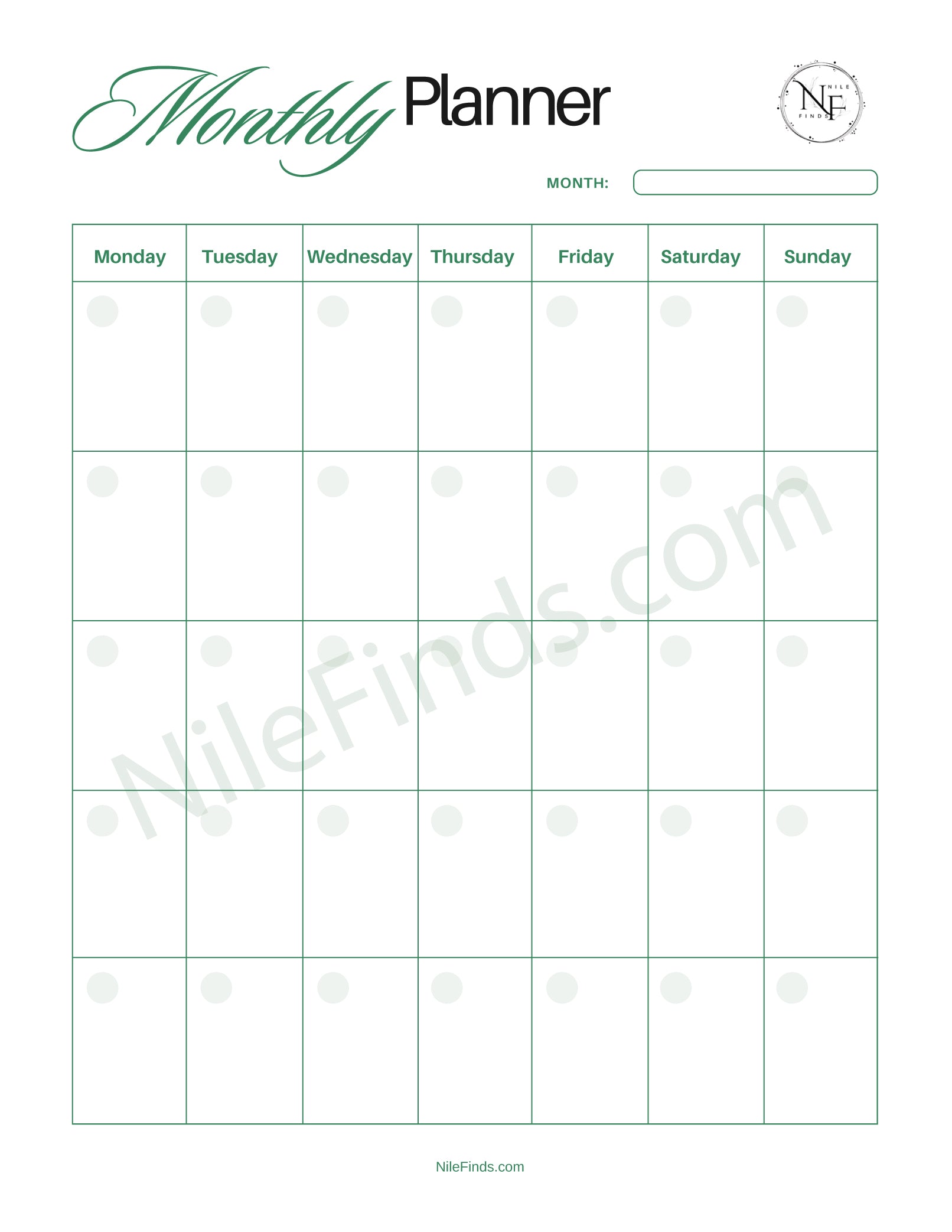 Monthly Planner PDF Printable for Organization and Scheduling
