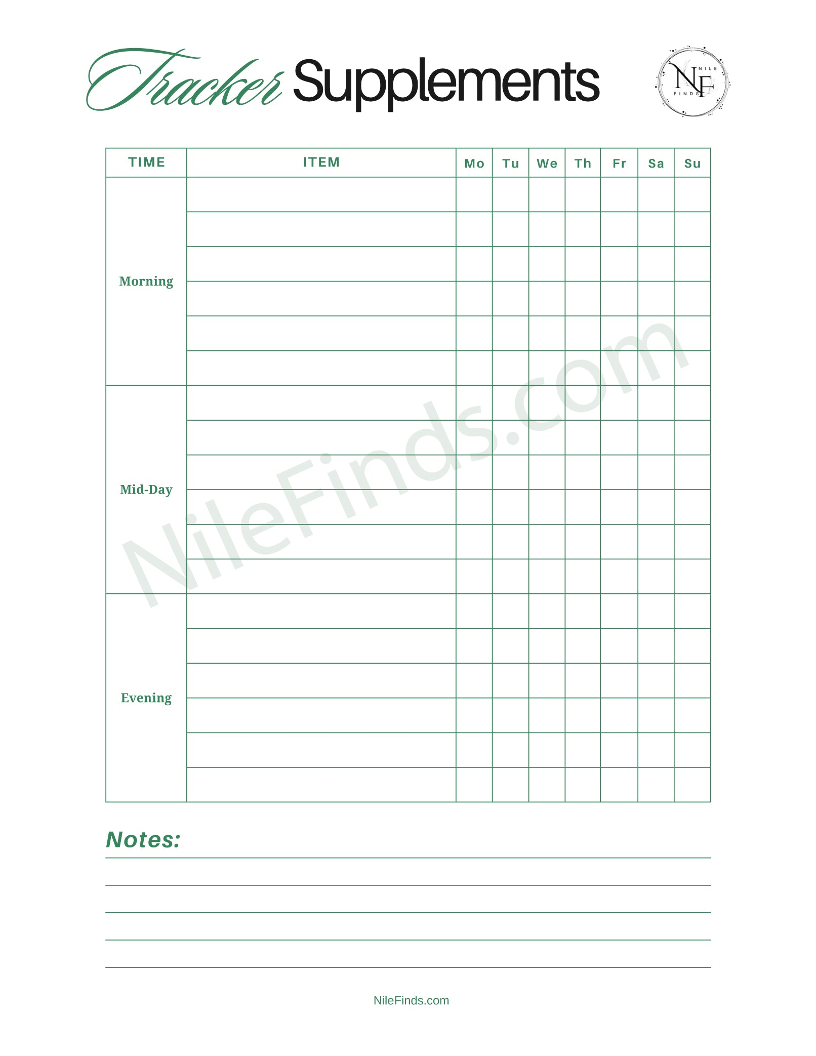 Supplements Tracker PDF Printable for Monitoring Daily Vitamin and Supplement Intake