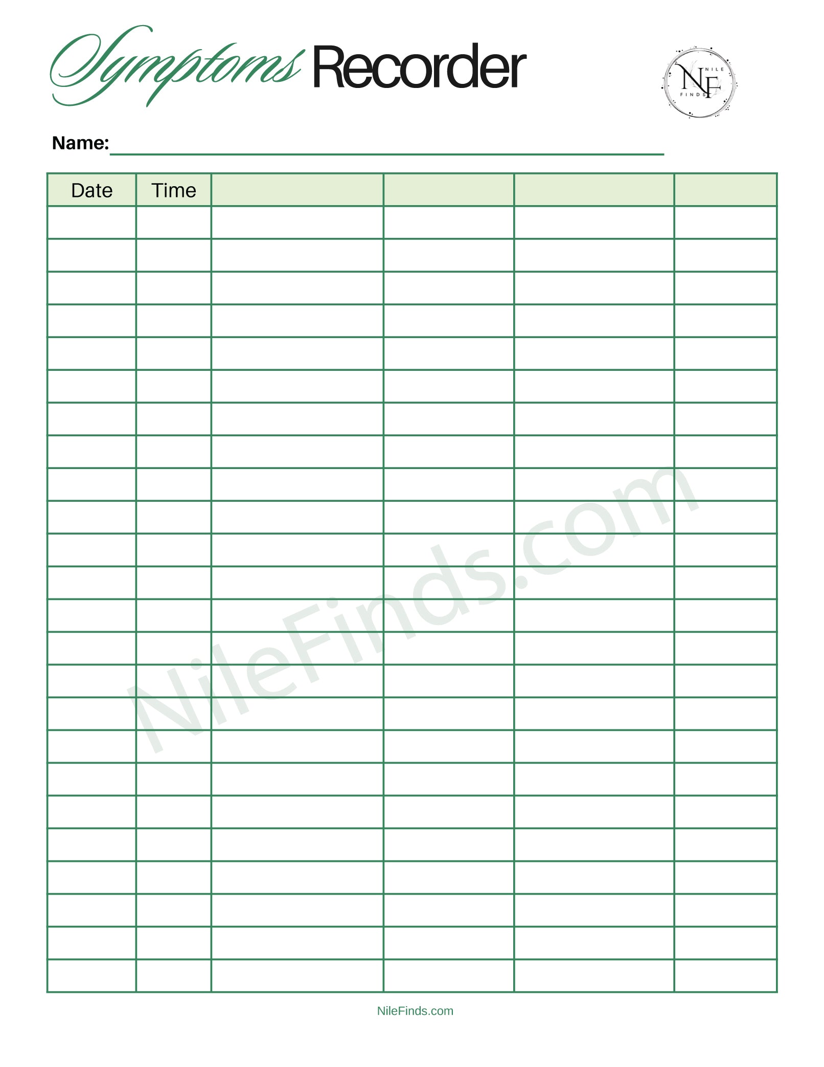 Symptoms Record PDF Printable for Tracking Health Changes and Medical History