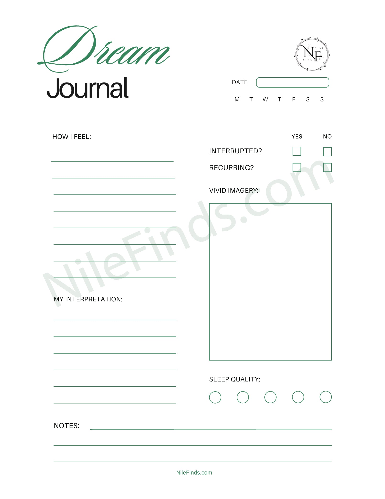 Dream Journal PDF Printable for Tracking Dreams and Interpretations