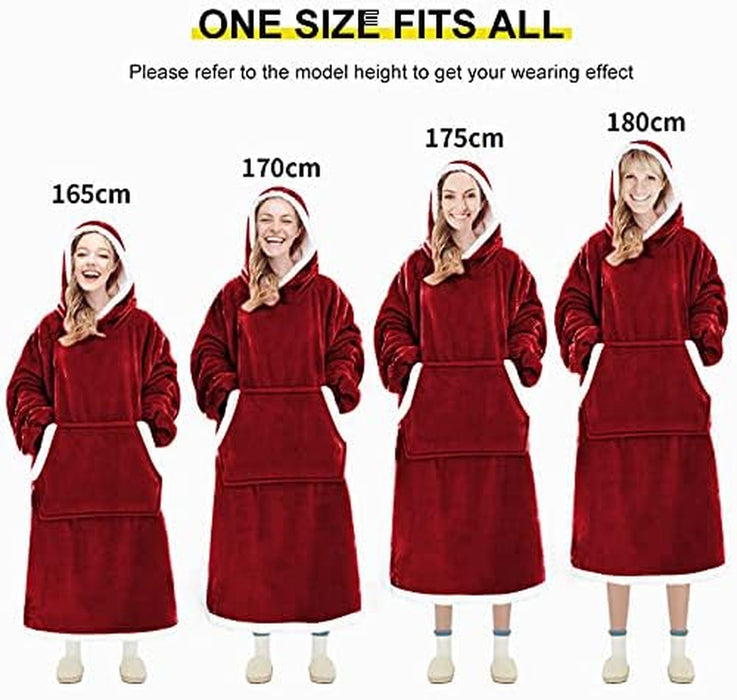 Wearable Blanket Hoodie, Oversized Sweatshirt with Sleeves and Folding Giant Pocket, Warm and Cozy Big Sherpa Hoodie for Adult (Red, One Size)