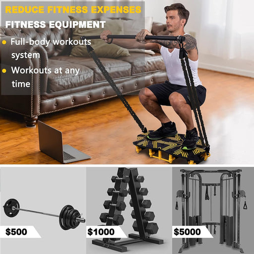 Portable Home Gym with 18 Exercise Accessories Including Fitness Board,Resistance Bands,Ab Roller Wheel and More,Full Body Workout System Suitable for Training Muscle and Burning Fat(Yellow)