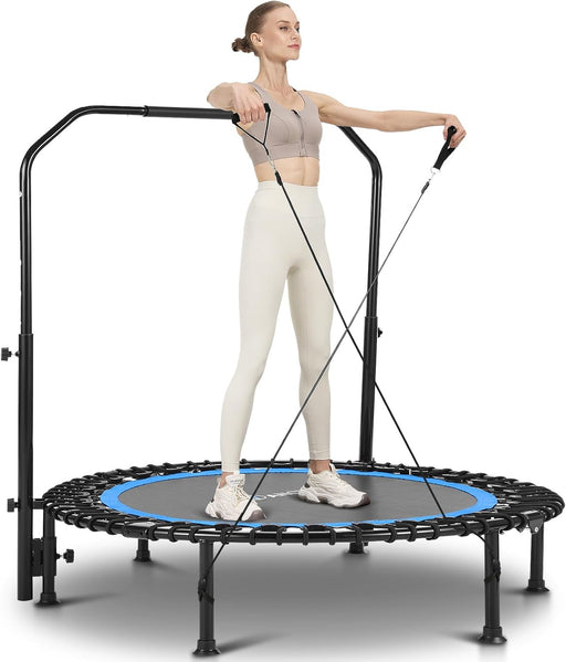 40/48" Foldable Mini Trampoline,550Lbs Max Load,Rebounder Trampoline for Adults with Adjustale Foam Bar&Resistance Ropes,Upgraded Bungee Cords,Fitness Trampoline Indoor/Outdoor