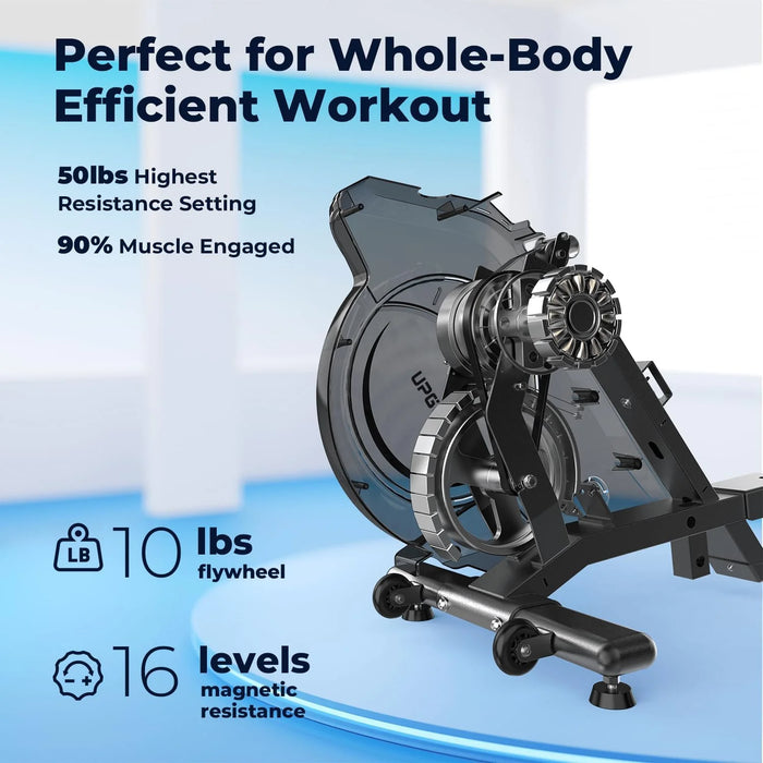 Magnetic Rowing Machine 350 LB Weight Capacity - Foldable Rower for Home Use with Bluetooth, App Supported, Tablet Holder and Comfortable Seat Cushion