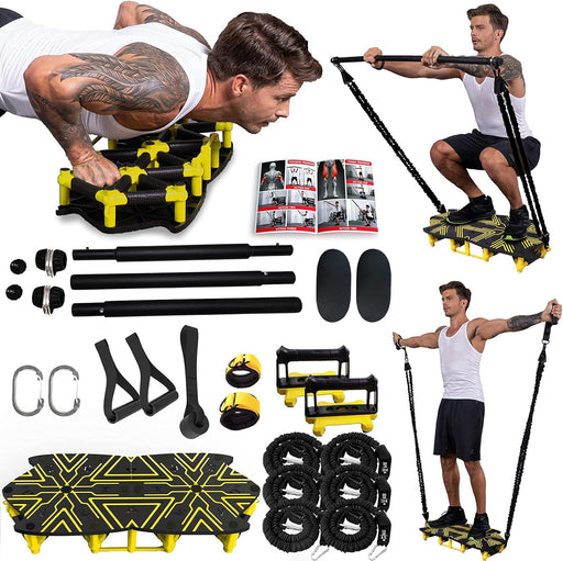 Portable Home Gym with 18 Exercise Accessories Including Fitness Board,Resistance Bands,Ab Roller Wheel and More,Full Body Workout System Suitable for Training Muscle and Burning Fat(Yellow)