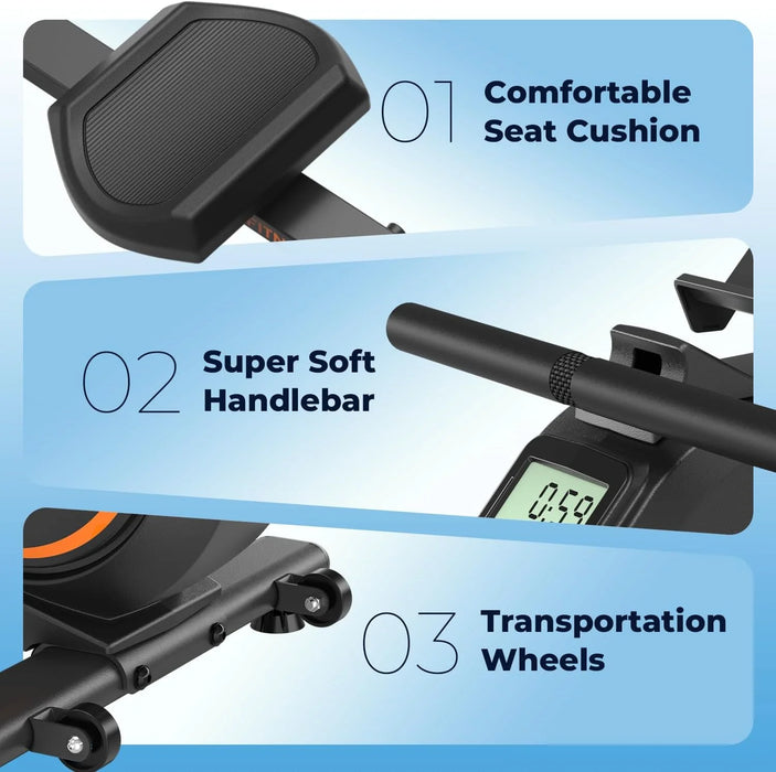 Magnetic Rowing Machine 350 LB Weight Capacity - Foldable Rower for Home Use with Bluetooth, App Supported, Tablet Holder and Comfortable Seat Cushion